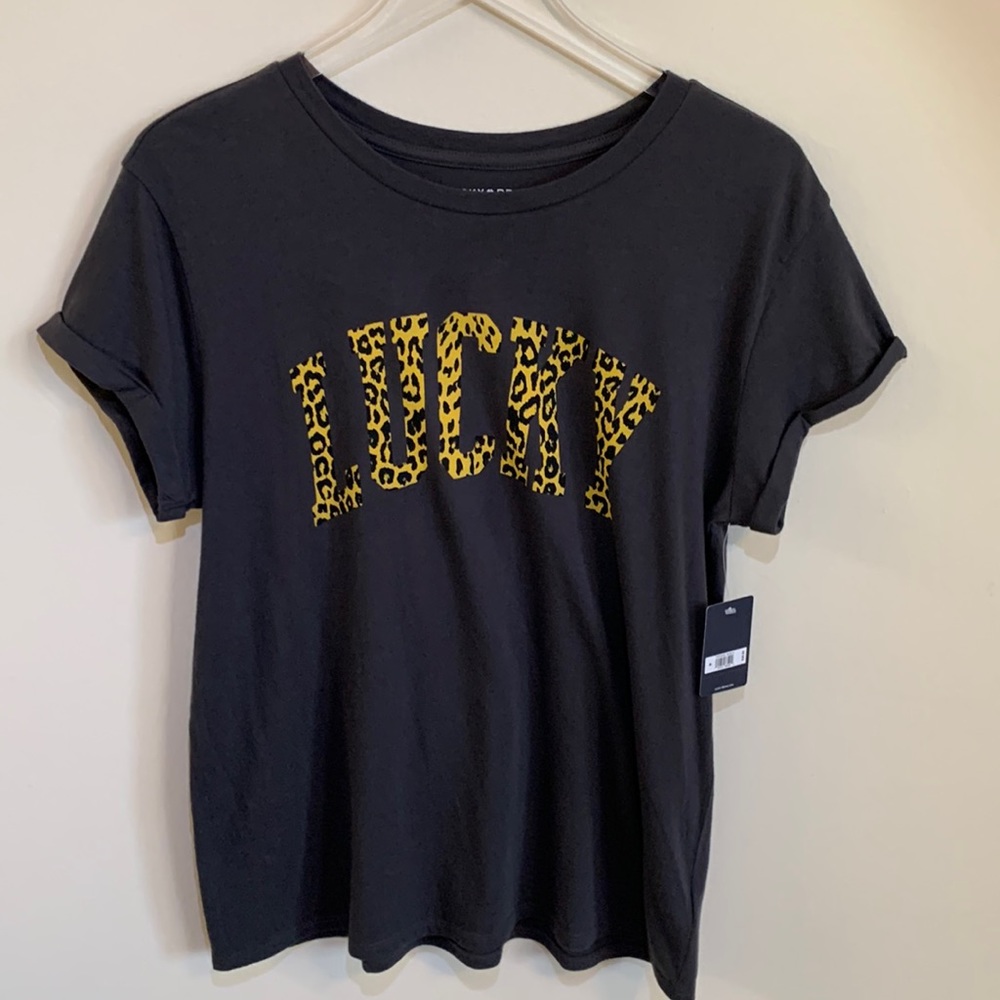 Lucky Brand T-shirt Women’s (M) Slate Gray with Leopard Print ‘Lucky’ design